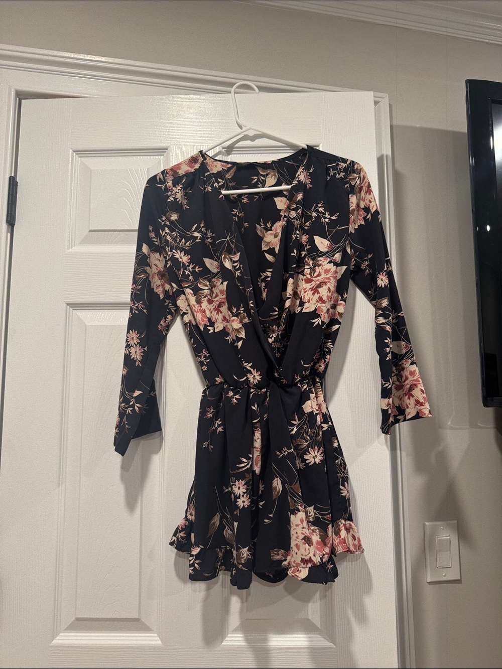 Honey Punch Black Floral Wrap Romper with Pink & Cream Blooms